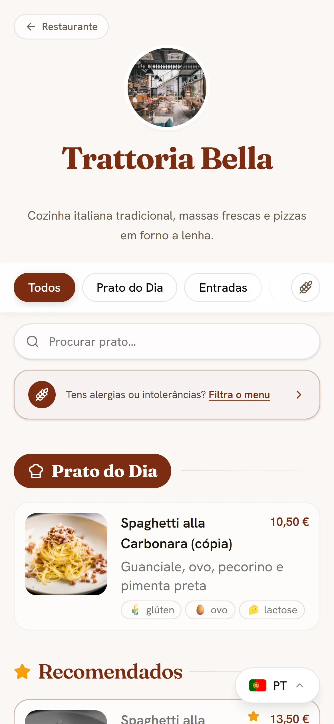 Menu digital no telemóvel